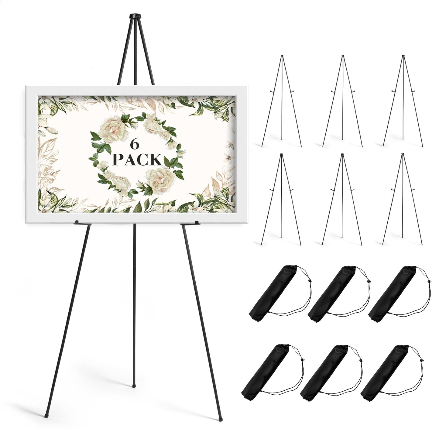 AZEAM 63" Easel Stand for Sign, 6 Pack Portable Easel for Painting, Foldable Black Metal Easel Display Stand Poster Holder Adjustable Sign Stand for Display Wedding Arts Poster