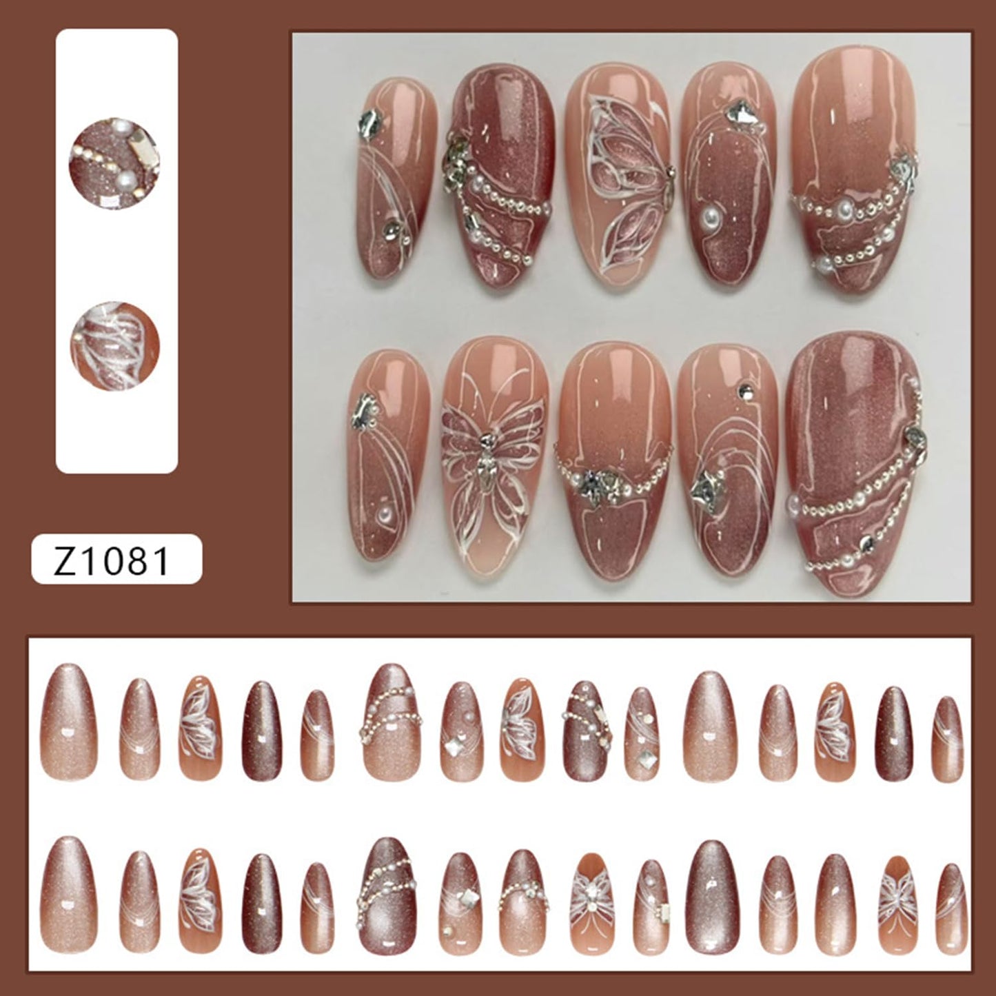 TBRZTR Press on Nails Medium Artificial Almond Acrylic False Nails 3D Butterfly with Rhinestones Pearl Glitter Stick on Nail Full Cover Reusable Coffin Artificial Fingernails for Women Manicure 24Pcs