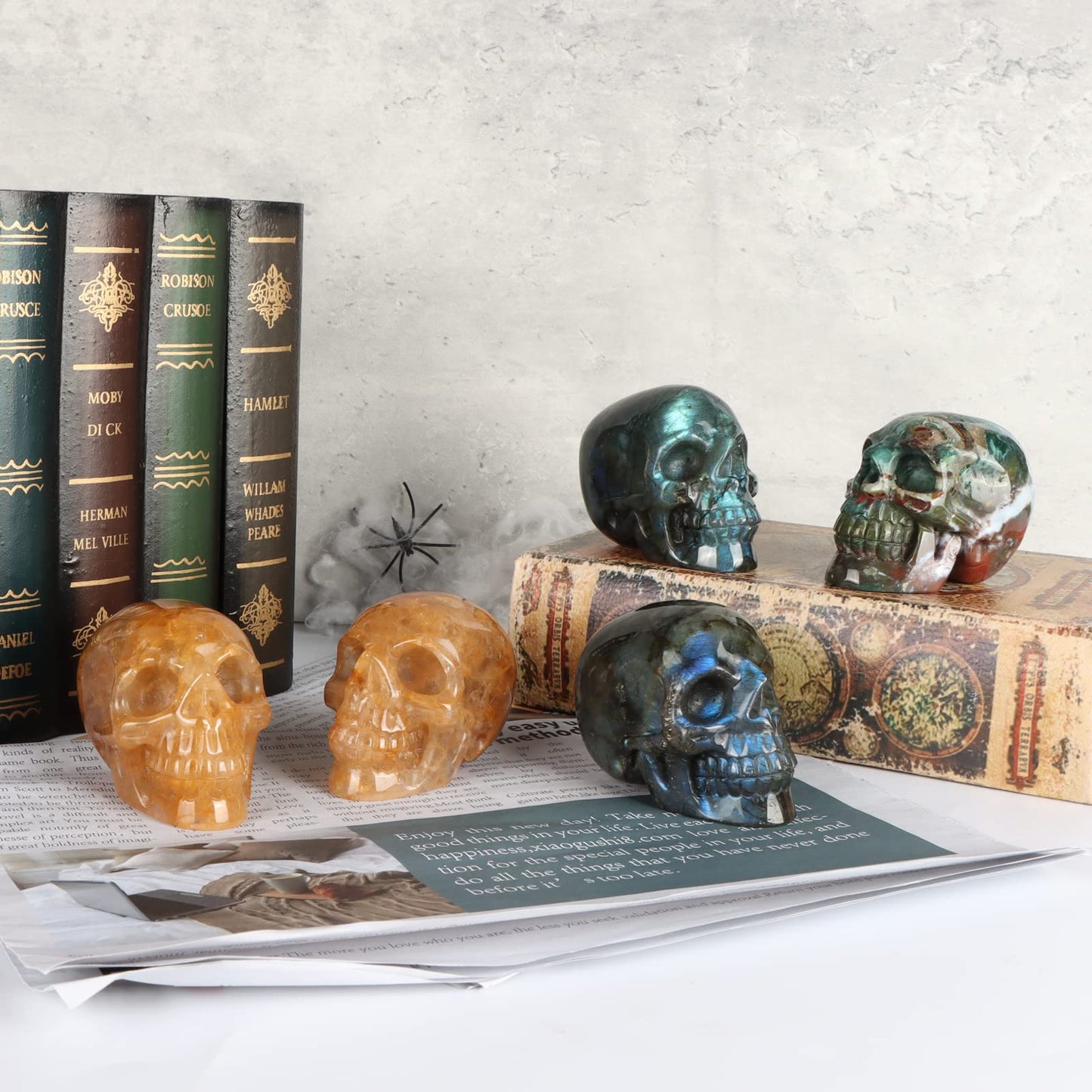 LEADGEM 3" Labradorite Crystal Skull Figurine Decor Healing Stones Carved Luminous Stone Skull Head Statue Sculpture Ornaments