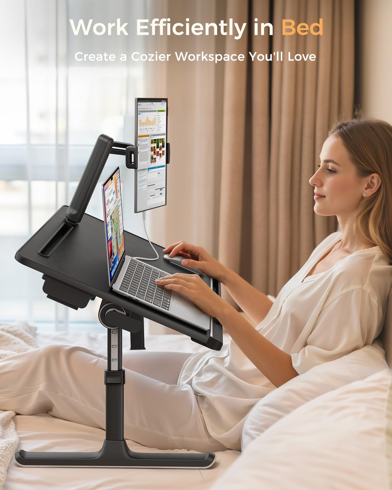 SAIJI Dual Screen Laptop Bed Desk | Foldable Adjustable Lap Desks for Adults, X-Large Couch Bed Tray Table with Portable Monitor Stand and Drawer