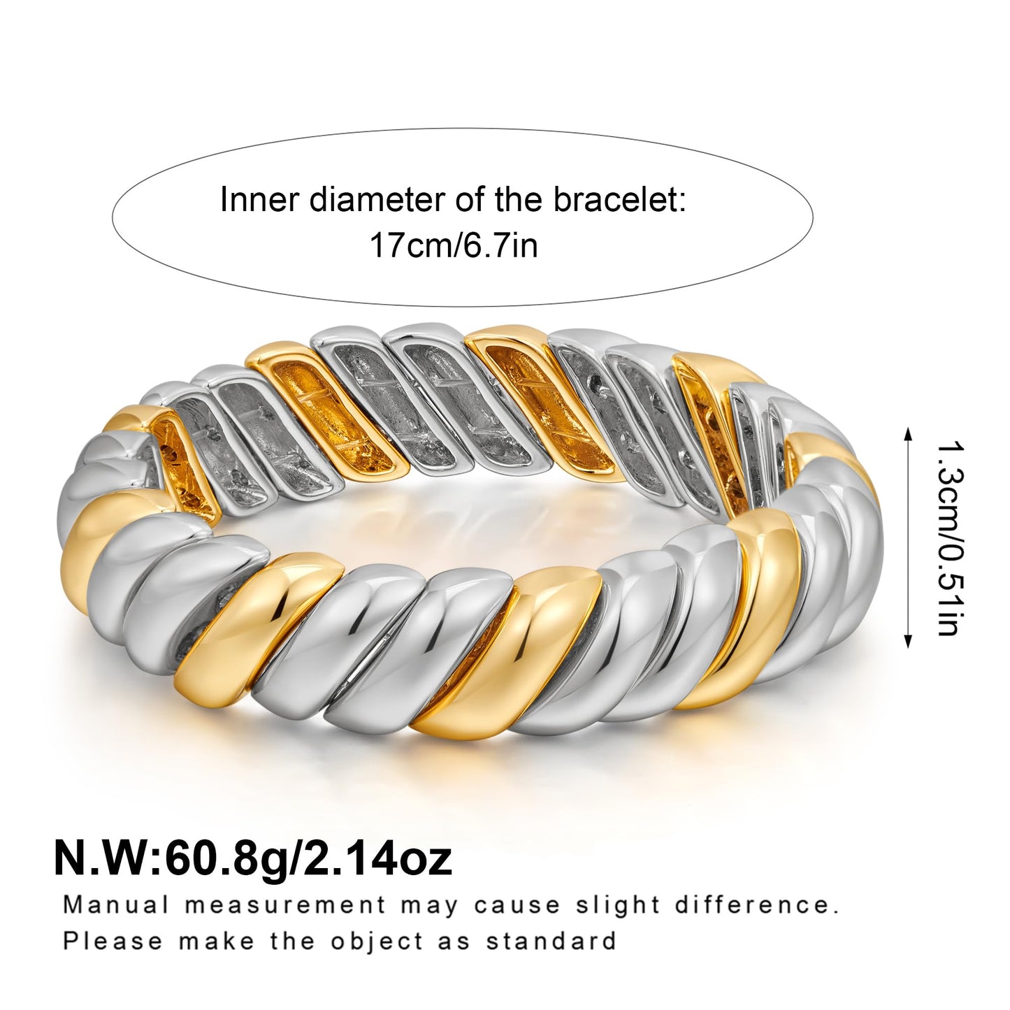 FAMARINE Silver Gold Chunky Bangle Bracelet for Women Men Two Tone Stretchchable Elastic Bracelet Jewelry Gift for Daily Wear