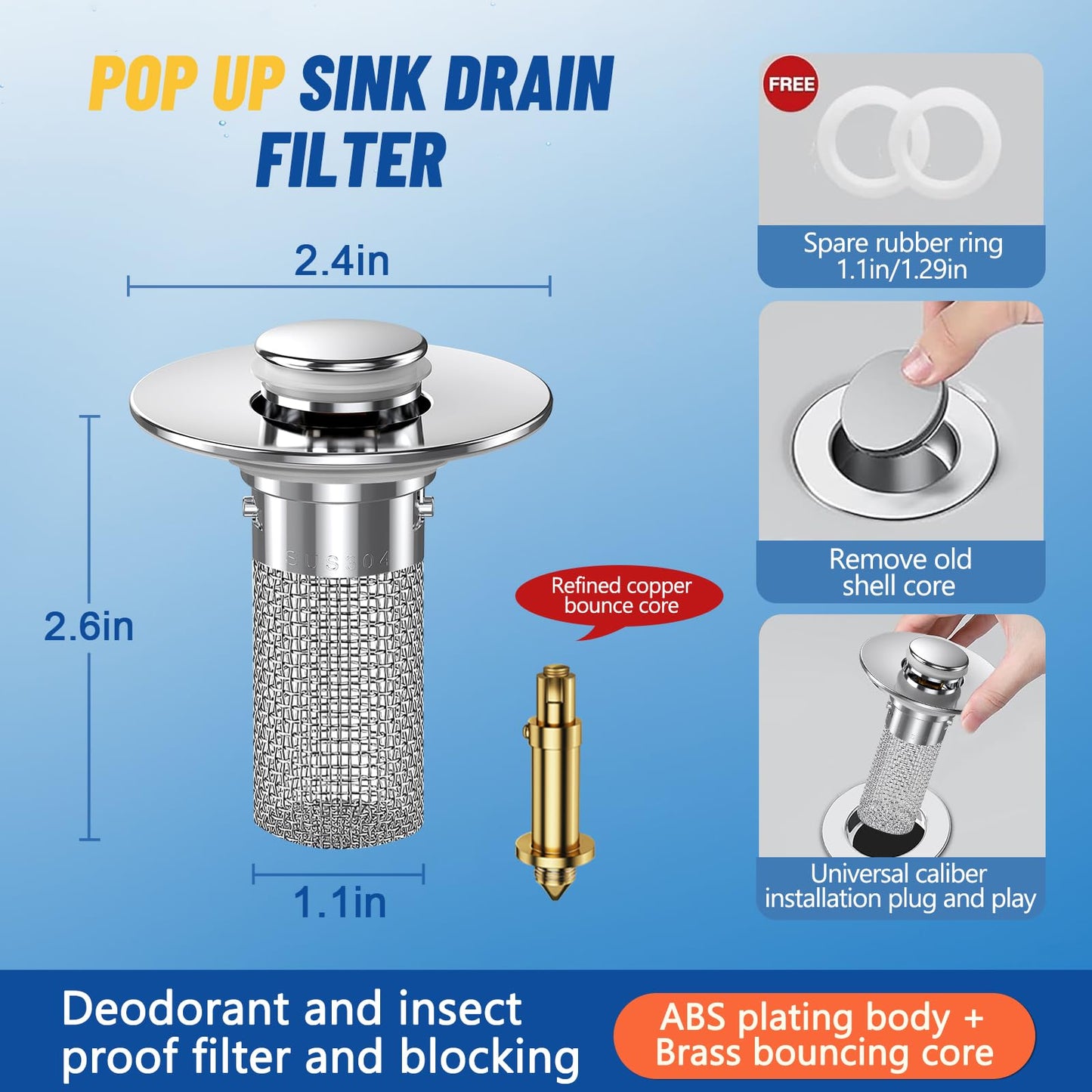 Vakabiu 2024 New Pop Up Bathroom Sink Drain Strainer Hair Catcher, Sink Drain Stopper with Removable Stainless Steel Filter Basket,for US Bathroom Sink Stopper Replacement (2PCS)