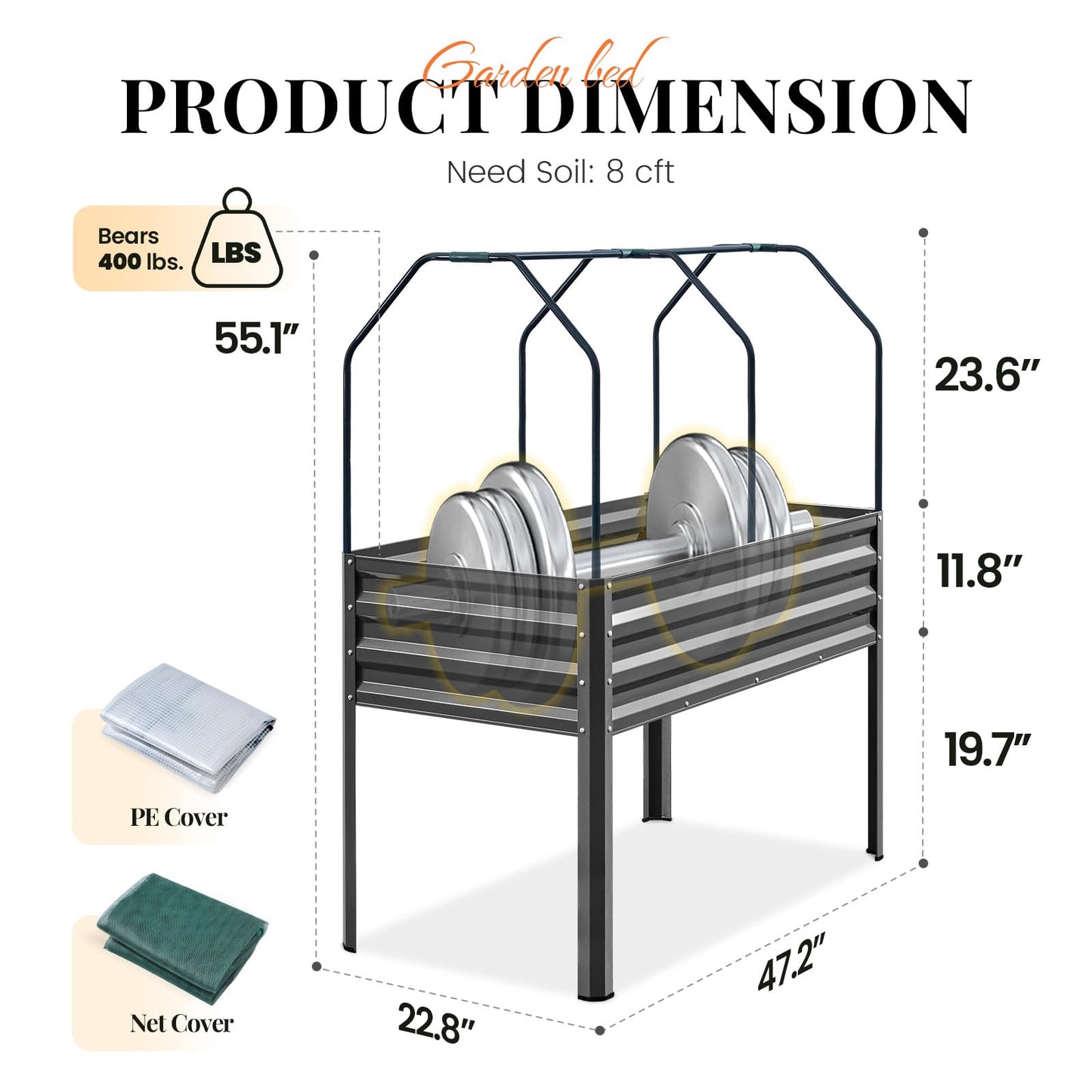 KING BIRD Large Raised Garden Bed with Cover & Netting Galvanized Elevated Planter Box with Legs 48×24×56 in for Backyard, Patio, Balcony, 400lb Capacity, Dark Grey