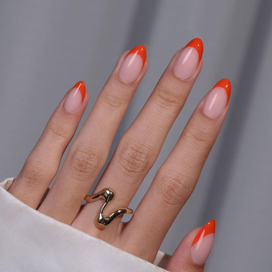 Orange French Tip Press On Nails Short Almond - GJZEZ Soft Gel Fall Thanksgiving Halloween Summer Fake Nails Gifts for Women, Salon Quality Natural Long Lasting Reusable Faux Nail | 16 Sizes - 32 PCS