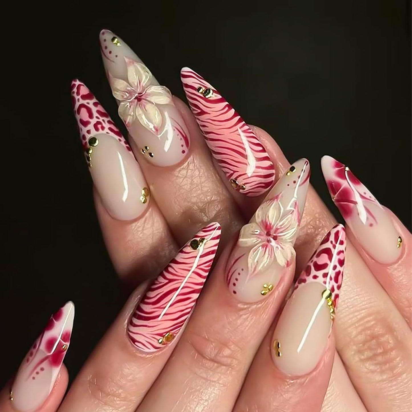 RUOKEXIN Long Almond Press on Nails French Tip Fake Nails Stiletto False Nails with 3D Flower Designs Acrylic Nail Press ons Sparkly Artificial Nails for Women 24Pcs