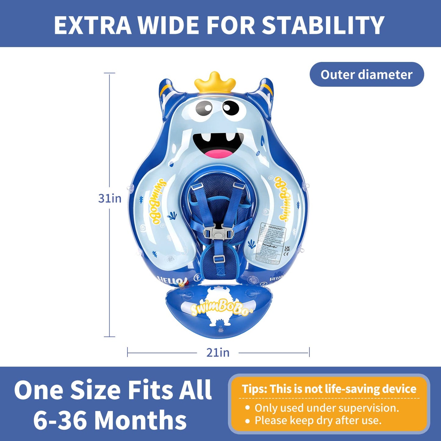 Swimbobo Infant Pool Float with Sun Canopy Inflatable Baby Swimming Floatie with Sponge Safety Bottom Support Water Toys Swim Trainer(Blue Monster,Large)
