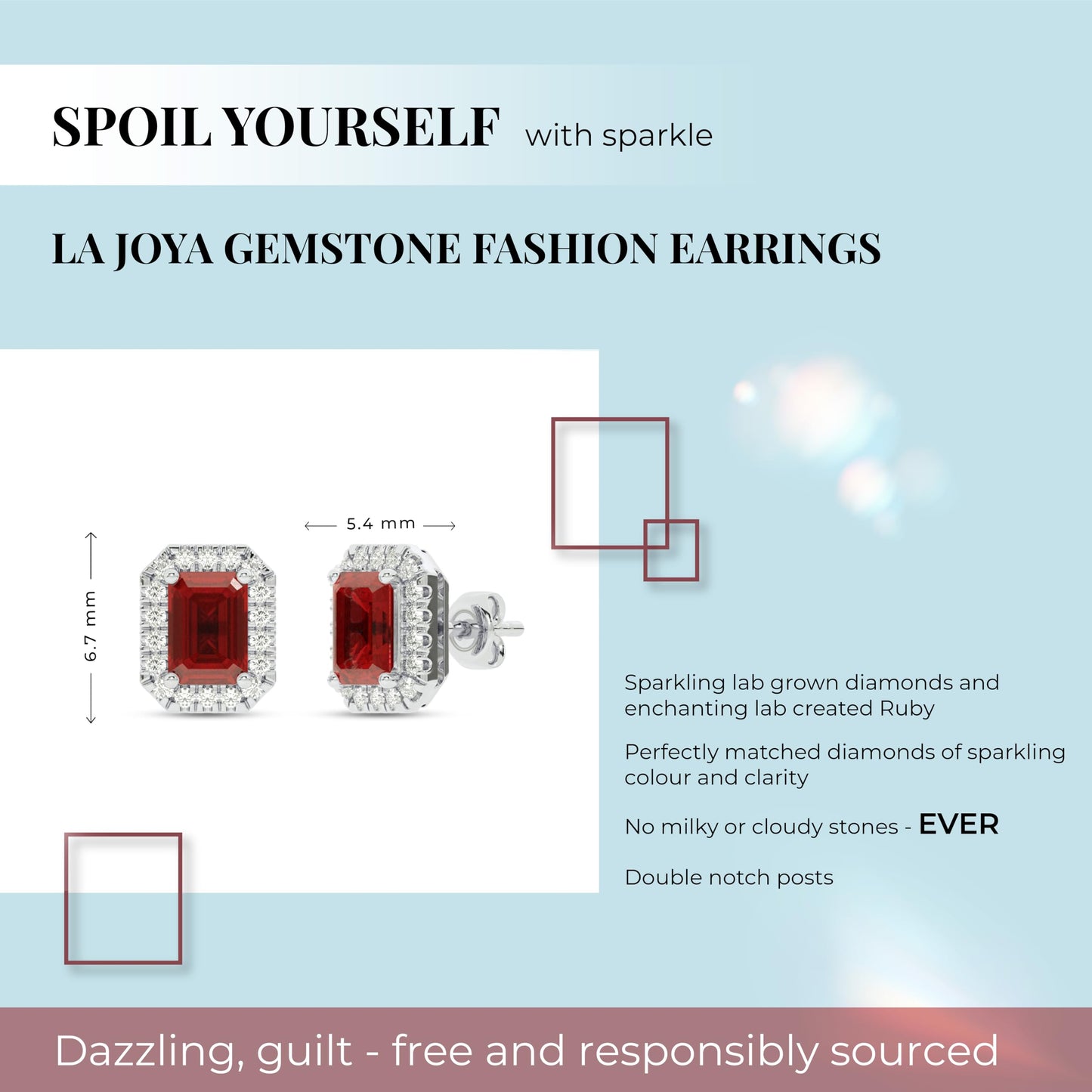 10K Ruby White Gold Diamond Stud Earrings | 1/4 CTTW Lab Grown Diamond and 1 1/2 CTTW Emerald Cut Red Ruby Studs | Ideal Birthstone Jewelry Gifts