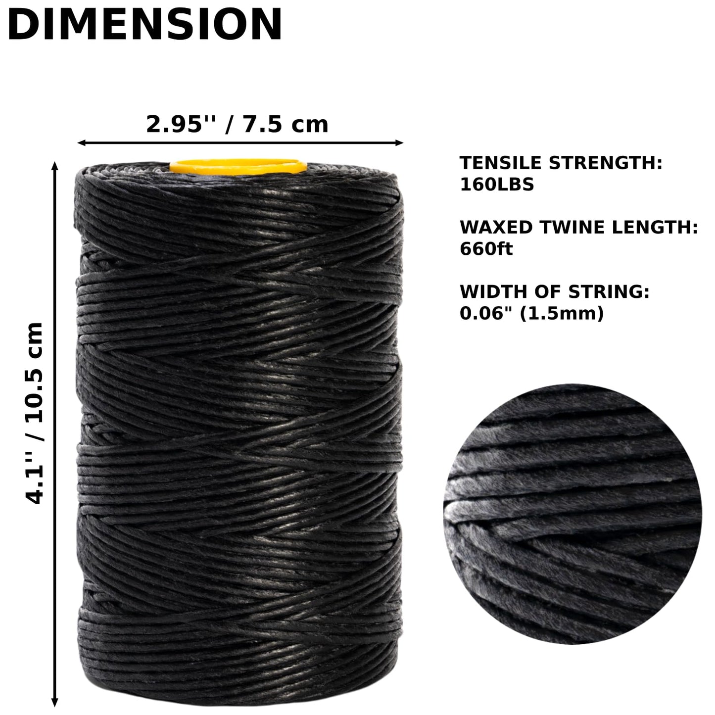 9-Ply Black String Waxed Twine, 660 Feet per Roll Heavy Duty Twine String, Black Cable Tie Down Wax Lacing Cord for Indoor or Outdoor Use,Thick Black Twine Wax String with 160 LBS Tensile Strength (1)