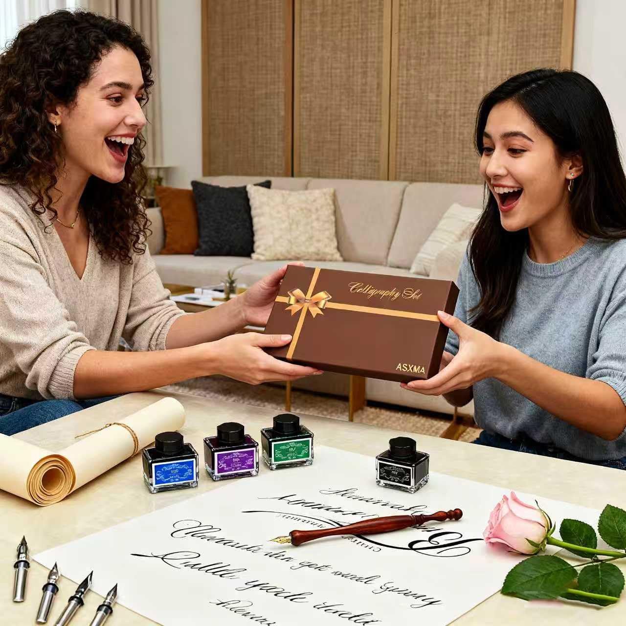 ASXMA Calligraphy Pen Set – Includes Wooden Dip Pen, Antique Brass Holder, 11 Nibs, 4 Colors Ink Bottles and Beginner's Manual-for Beginners and Calligraphy Lovers