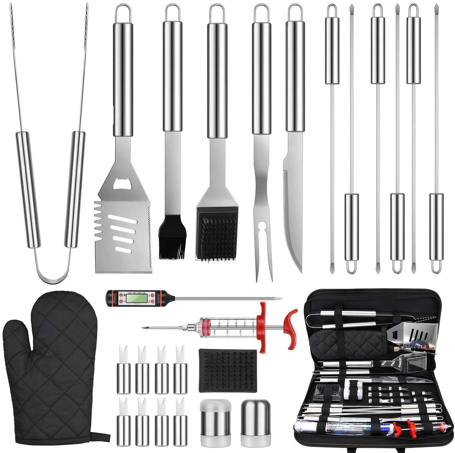 27 Pcs Grill Utensils Set for Outdoor Grill – Stainless Steel BBQ Tools Grilling Tools Set, Organized in Case with Thermometer, Injector & More – Complete Kit for Cooking, Camping & Backyard Barbeque