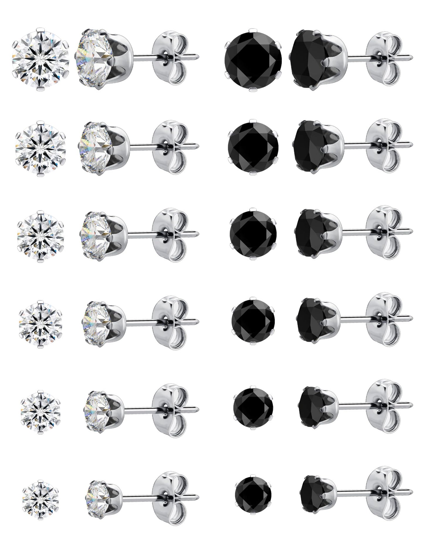 Wssxc 12 Pairs Silver Surgical Steel Earrings, Stud Design, Hypoallergenic, Cubic Zirconia, 3mm-8mm