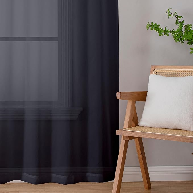 Lecloud Black Sheer Curtain Panels 72 Inch Length, Light Filtering Window Curtain Drapes Treatment for Living Room, Breathable Rod Pocket Sheer Curtains for Bedroom, 2 Panels, Each 40" Wx72 L