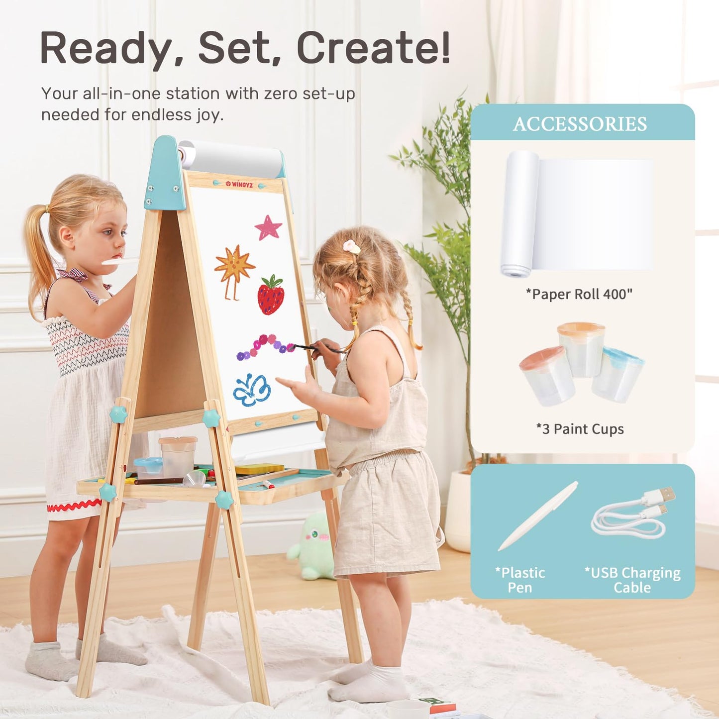 WINGYZ 24" LCD Easel for Kids, 3-in-1 Color Drawing Tablet with Blue Light-Free Screen, Whiteboard & Paper Roll, Adjustable Wooden Art Station for Ages 3-12, Mess-Free Creative Gift for Home & School