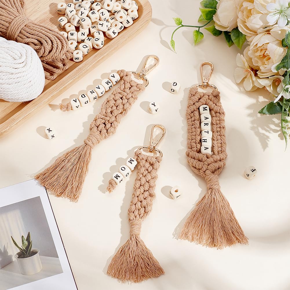 BEUNITONE 6 Sets DIY Macrame Keychain Kit for Beginner Boho Macrame Starter Keychain Kit with Instruction Video DIY Personalized Macrame Alphabet Wood Bead Keychain kit Charms for Bag Car Key Decor