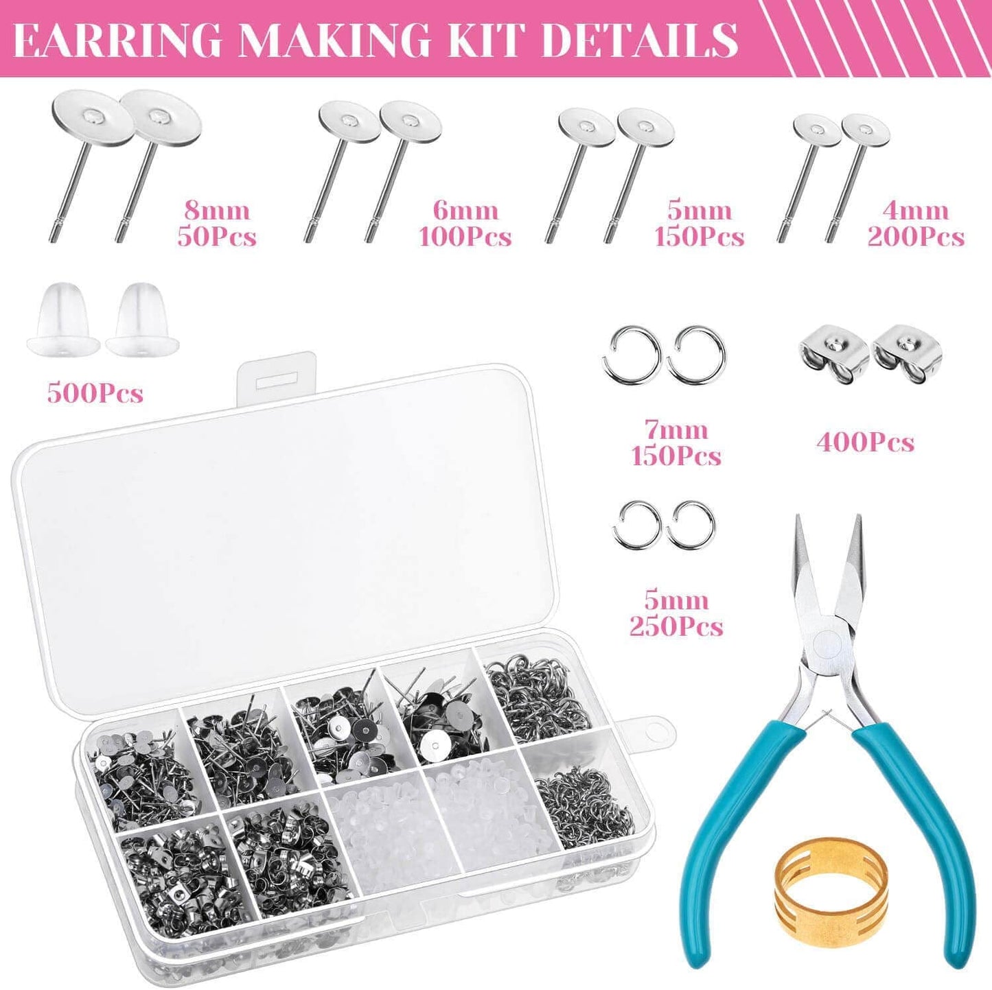 Caffox Hypoallergenic Earring Posts and Backs, 1800pcs Stainless Steel Stud Earring Kit with Earring Base Studs, Earring Backs and Jump Rings for Clay, Resin, Pearls, Jewelry Making and Crafting