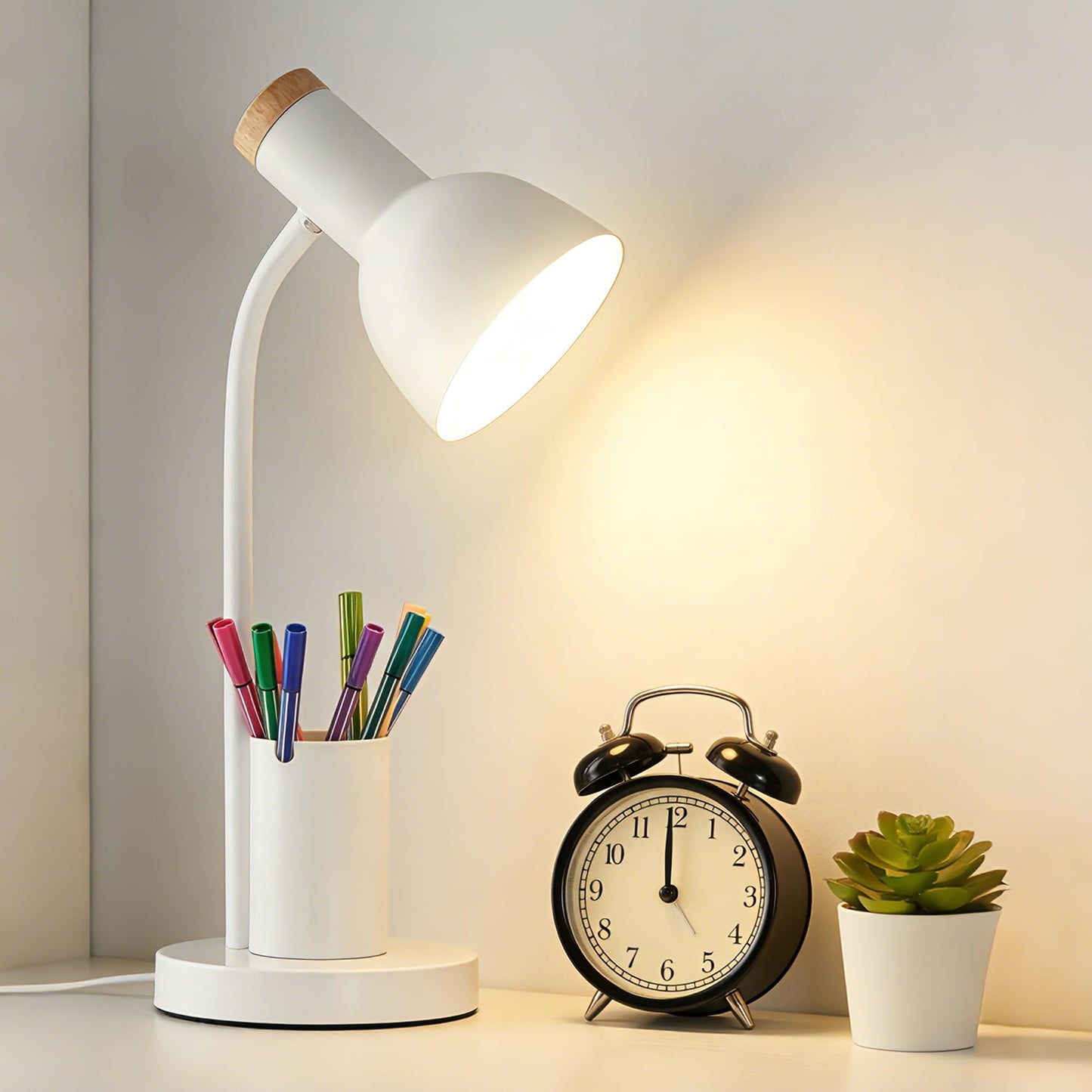 WLHONG LED Desk Lamp, Table Lamps with Pen Holder, 3 Color Modes Eye-Caring Reading Light with Flexible Gooseneck, Study Lamp for Kids Bedside Home Office Room College Dorm Essentials (White)