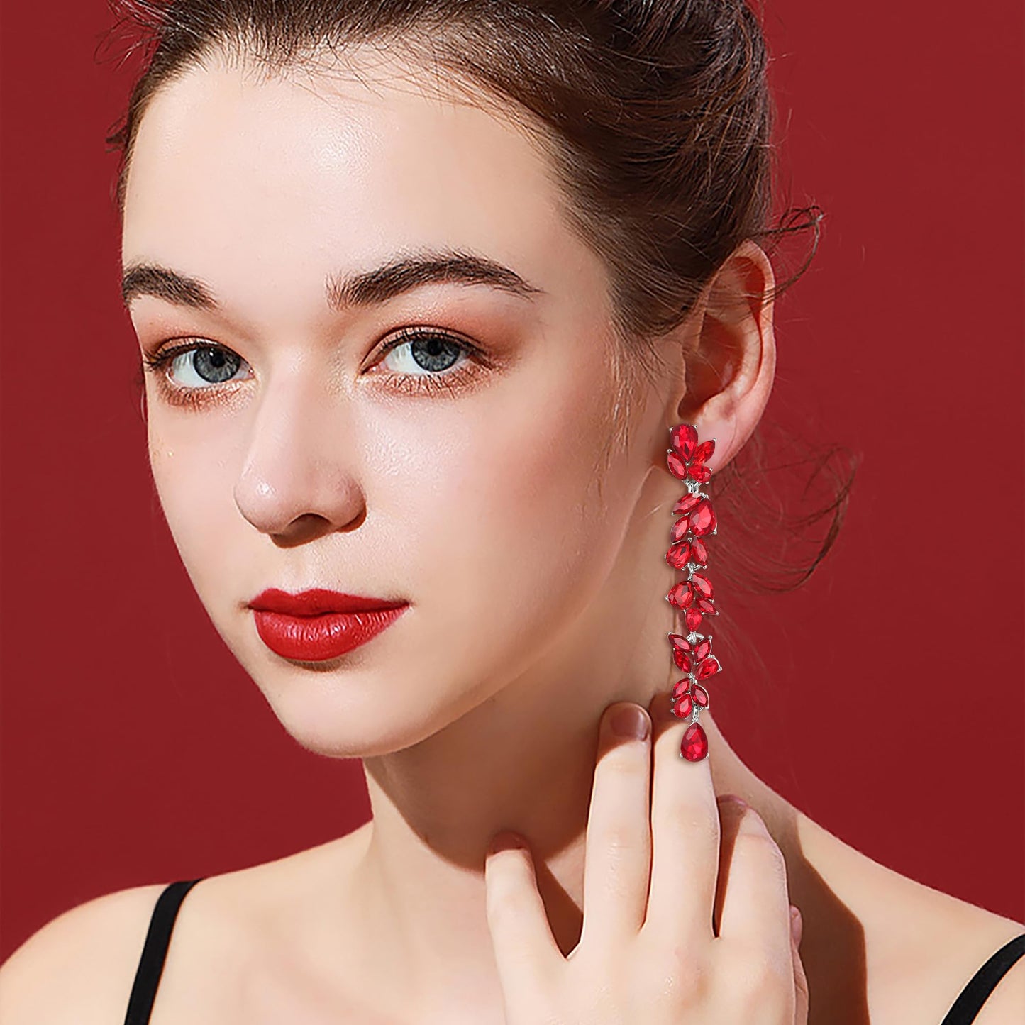 EVER FAITH Wedding Rhinestone Crystal Chandelier Dangle Earring for Women Brides, Art Deco Marquise Teardrop Bridal Long Drop Earrings for Prom Red Silver-Plated-Base