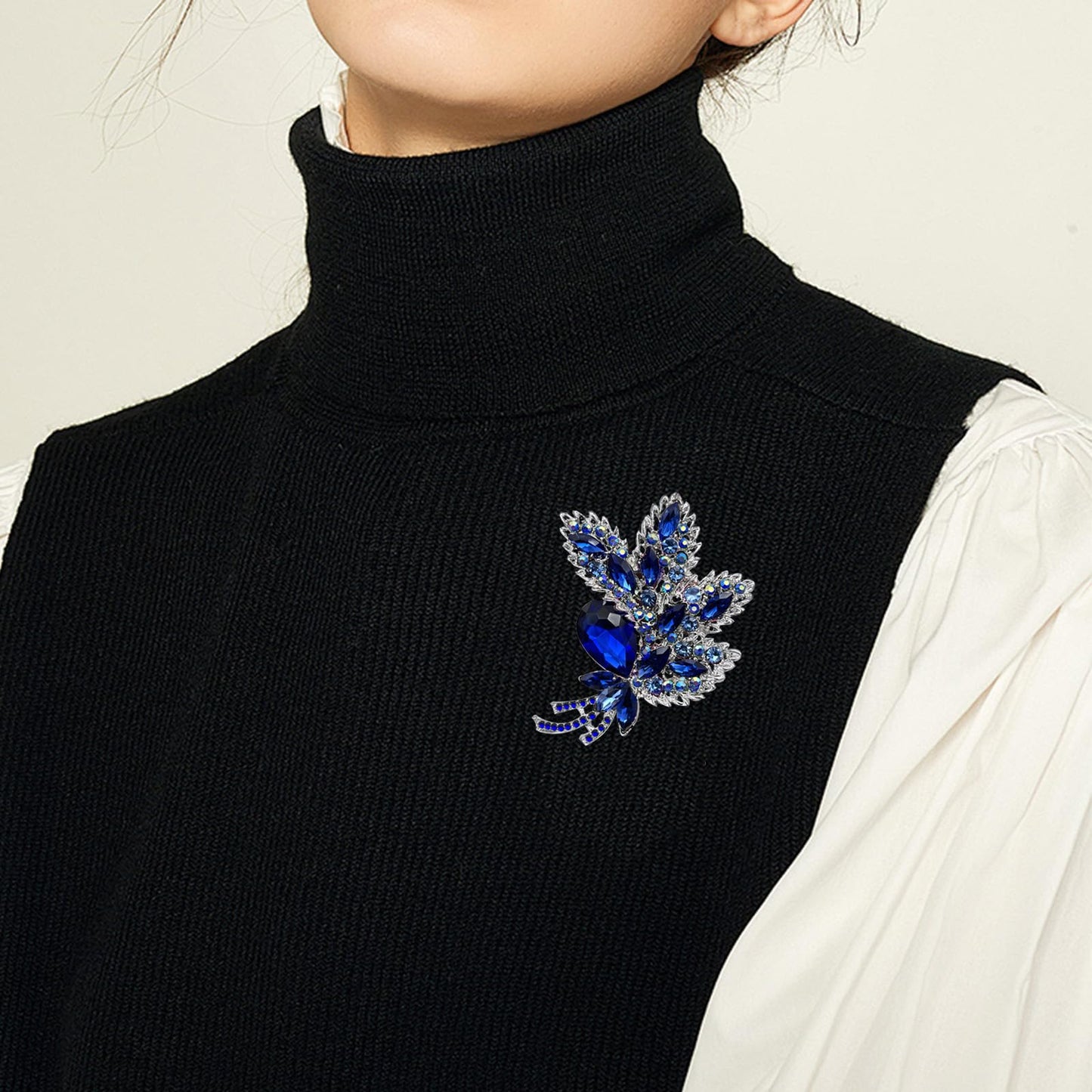 YOQUCOL Blue Austrian Crystal Leaf Shape Bouquet Big Large Brooch Pin Rhinestone Scarf Decoration Wreath Cloth Pin For Women
