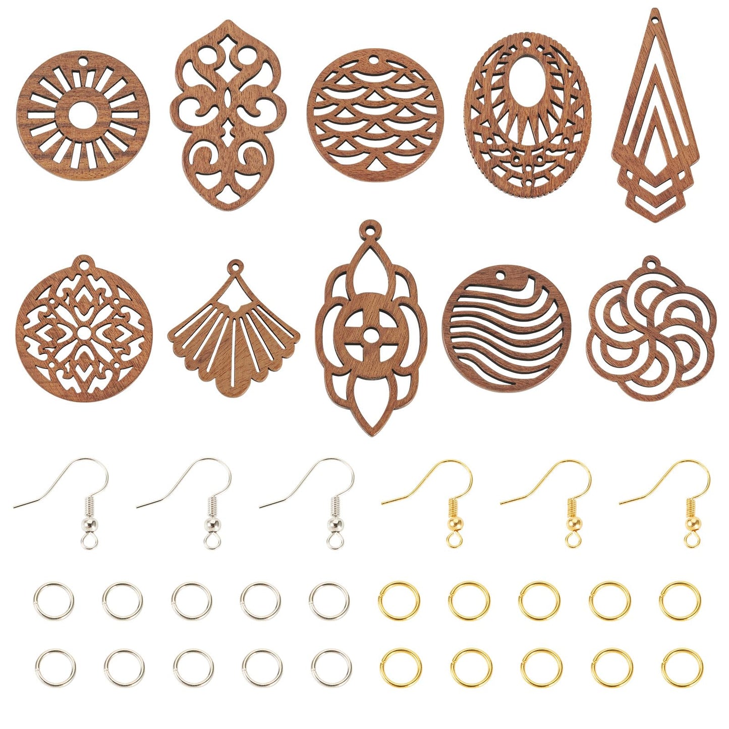 Elecrelive 10 Pairs Wooden Dangle Earring Making Kit Teardrop Oval Flower Leaf Shapes Natural Wood Earring Blanks with Hooks for DIY Craft Jewelry Making