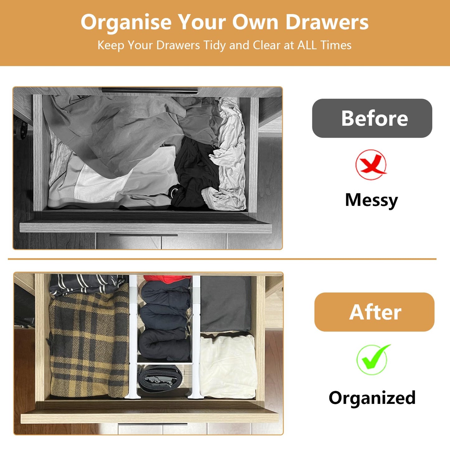 KABUM Upgrade Adjustable Drawer Divider Organizer Clothes Dresser Organizer,Expandable Organization for Home, Office,2.8" High Expandable from 11.7" to 18.5",4 Dividers with 6 Long and 2 Short Inserts
