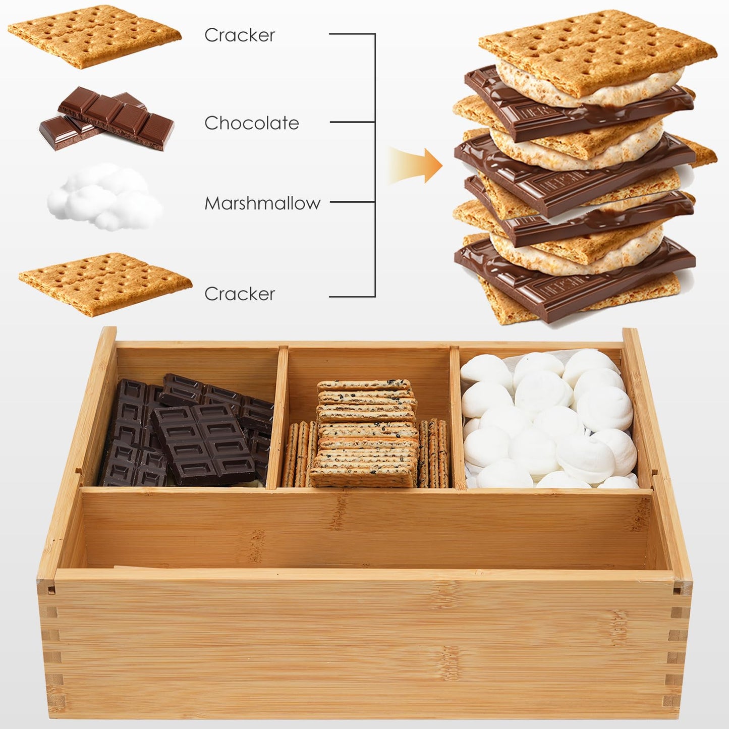 Smores Kits,Bamboo Smores Box with a Lid,Smores Caddy with 6Pcs Extendable Marshmallow Roasting Sticks,Exquisite Smores Kit for Fire Pit Outdoor - Perfect for Outdoor Parties, Entertaining, Camping