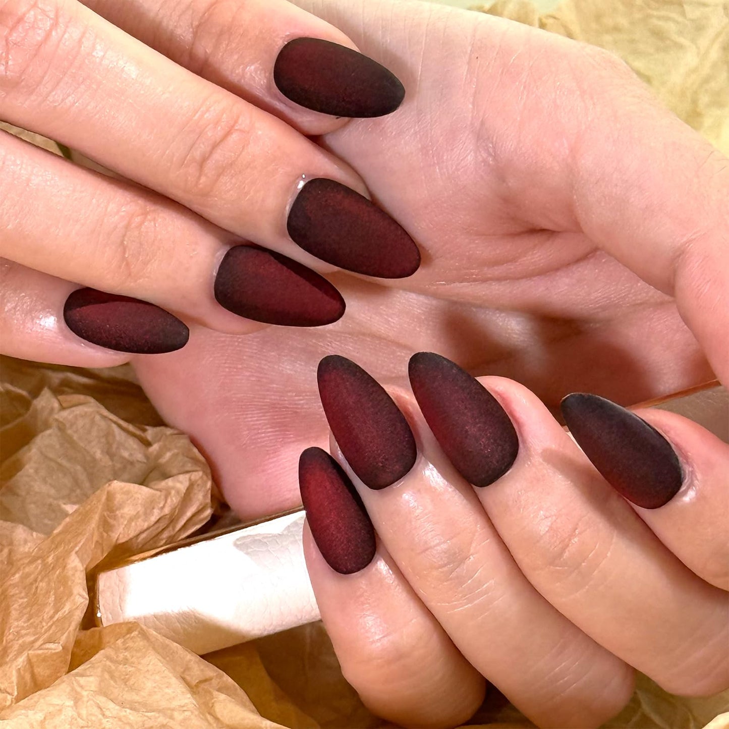 Velvet Matte Burgundy Almond Press On Nails, 10Pcs Reusable Fake Nails Manicure Kit with Adhesive Tabs for Women