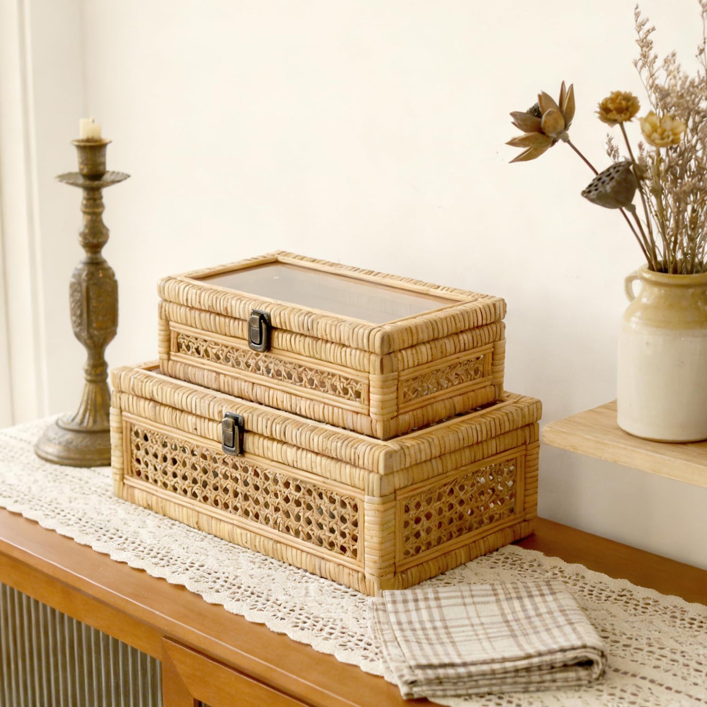 DECOR4SEASON Rattan and Cane Stacking Boxes with Glass Top Lid - Set of 2 for Boho, and Rustic Farmhouse Decor