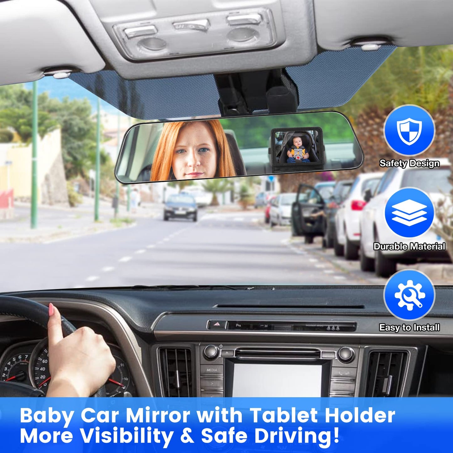 Brislut Baby Car Mirror with Adjustable Tablet Holder, Road Trip Essentials for Kids, Backseat Mirror to See Rear Facing Infant, Ipad Case for Car Headrest