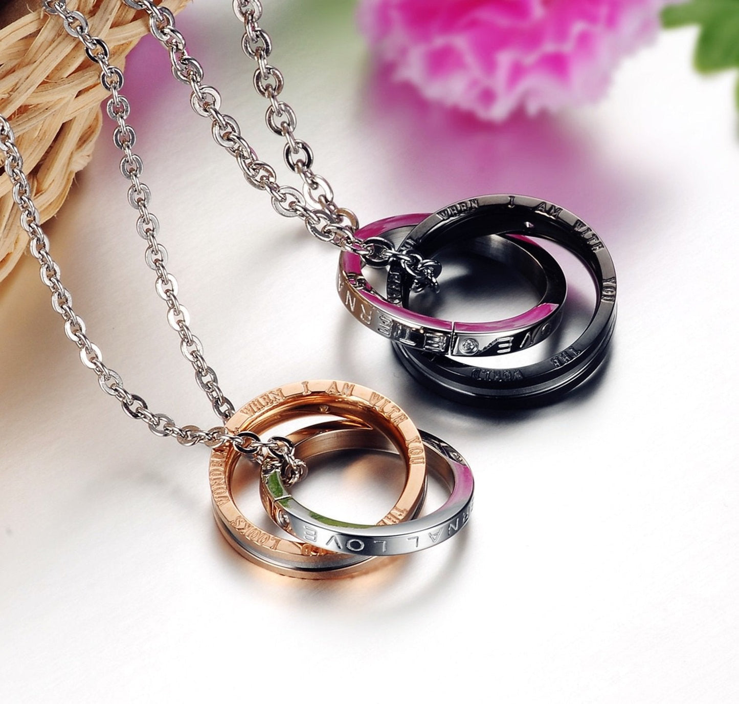His & Hers Matching Set Titanium Stainless Steel Couple Pendant Necklace Korean Love Style in a Gift Box (ONE PAIR)
