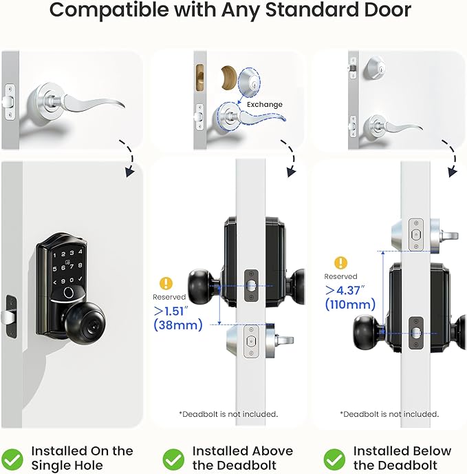 Veise VE028 Built-in Wi-Fi Smart Lock with Knob, Fingerprint Keyless Entry with Handle, App Remote & Voice Control, Electronic Digital Keypad for Front Door and Bedroom, IP65 Waterproof, Matte Black