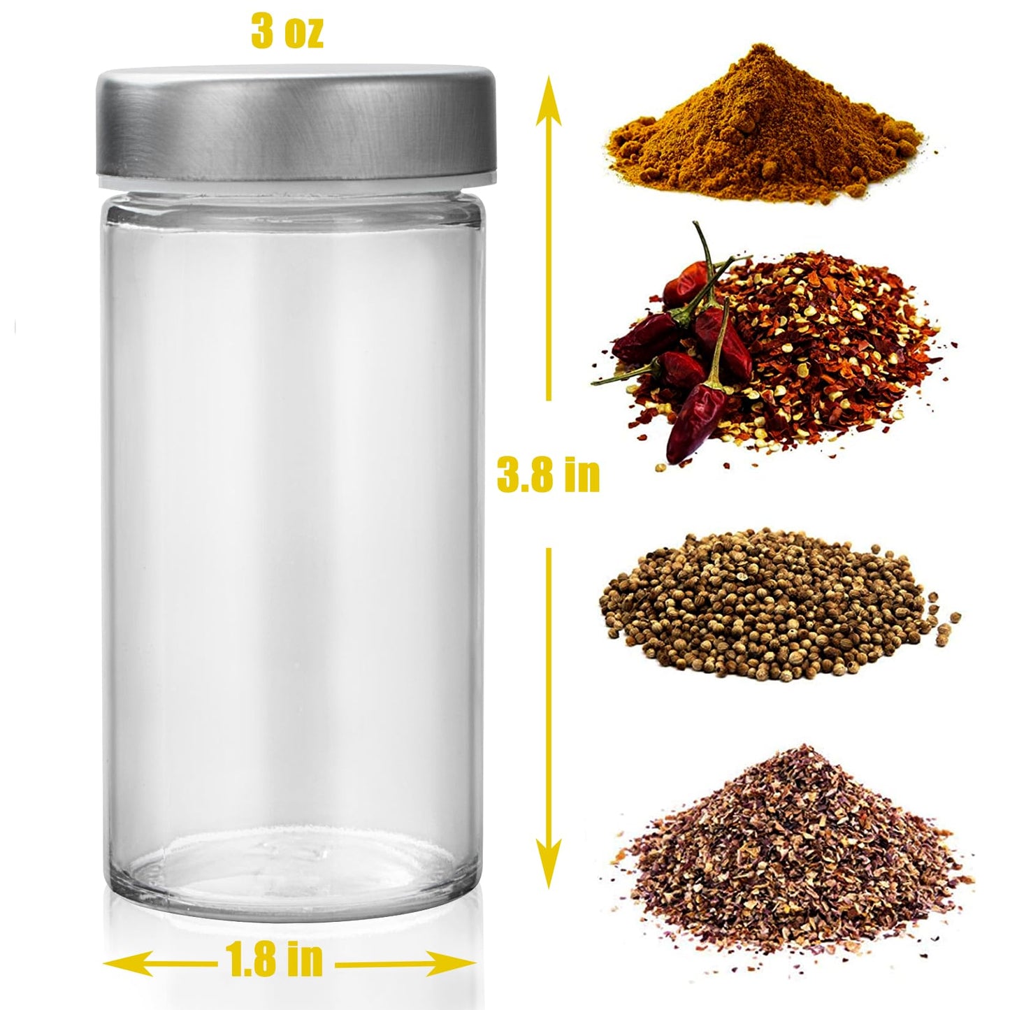 Tianifa 6 Pcs Glass Spice Jars/Bottles for Rotating Spice Rack-3oz Empty round Spice Containers with Airtight Metal Caps with Shaker Lids (6, Stainless Steel Lids)