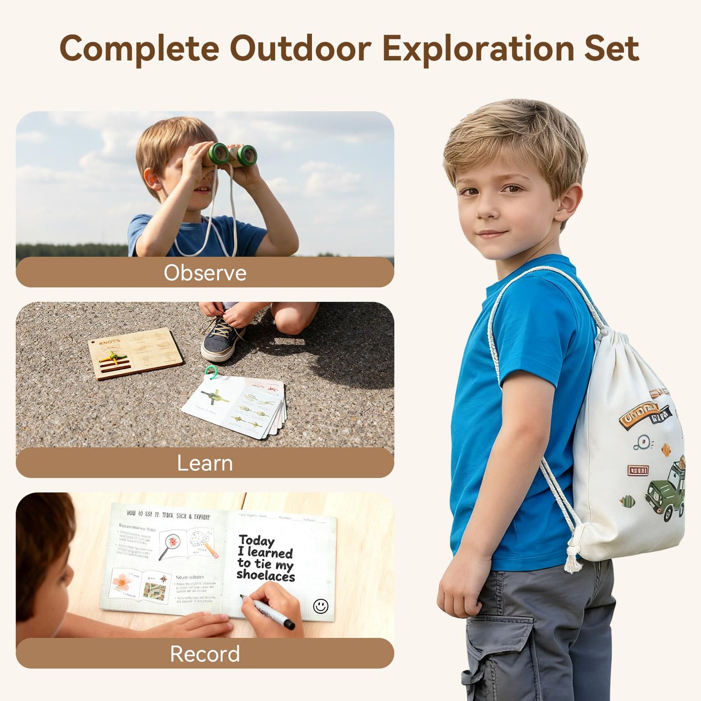 Kids Outdoor Explorer Kit Ages 4–8, Wooden Binoculars, Compass and Knot-Tying Board, Nature STEM Learning & Camping Toy Birthday Gift for Boys and Girls
