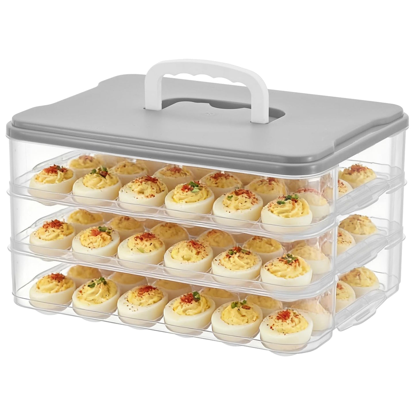 BOUTICOL 3-Layer Deviled Egg Container with Lid and Handle, Clear Plastic Deviled Egg Carrier Storage 72 Eggs, Portable Stackable Eggs Holder Platter for Easter, Thanksgiving Day, Party, Picnic