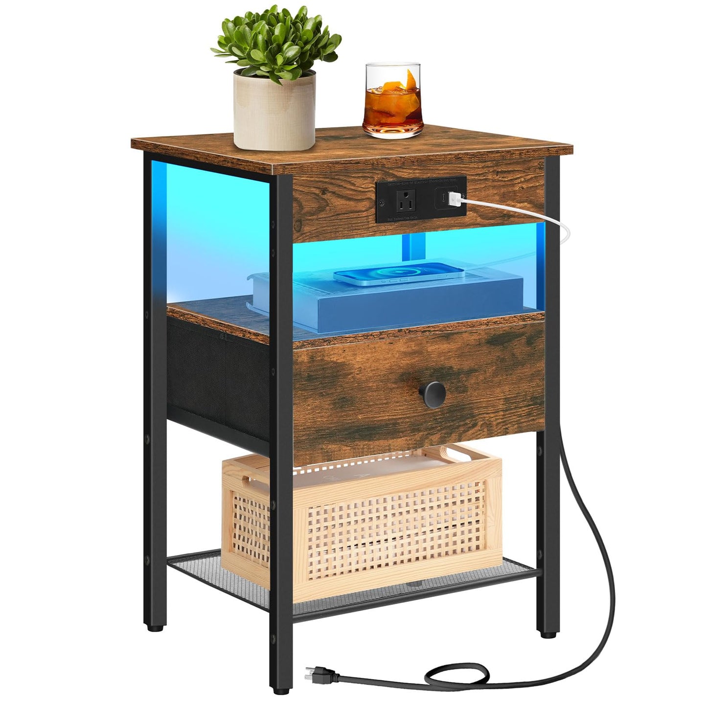 HOOBRO End Table and Nightstand Bundle, Small Side Table with 2-Tier Storage Shelves, End Table with Charging Station, BF91BZ01-BF209UDBZ01