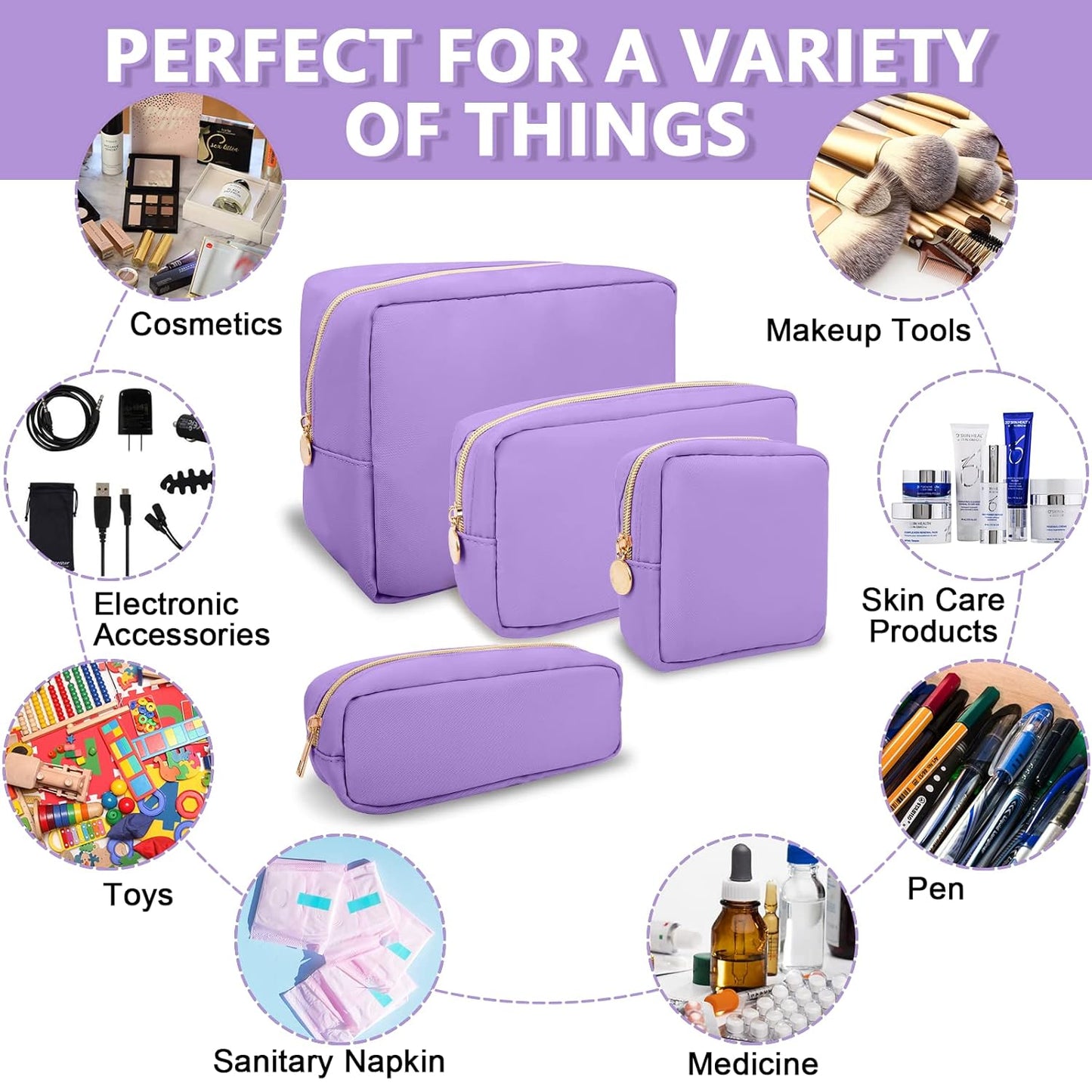 Small Pencil Case Makeup Bag for Purse, Cute Pencil Pouch Preppy Nylon Makeup Brush Bag with Zipper, Girls Portable Stationery Storage Case Small Pen Bag for Office School College(Slim-Grape)