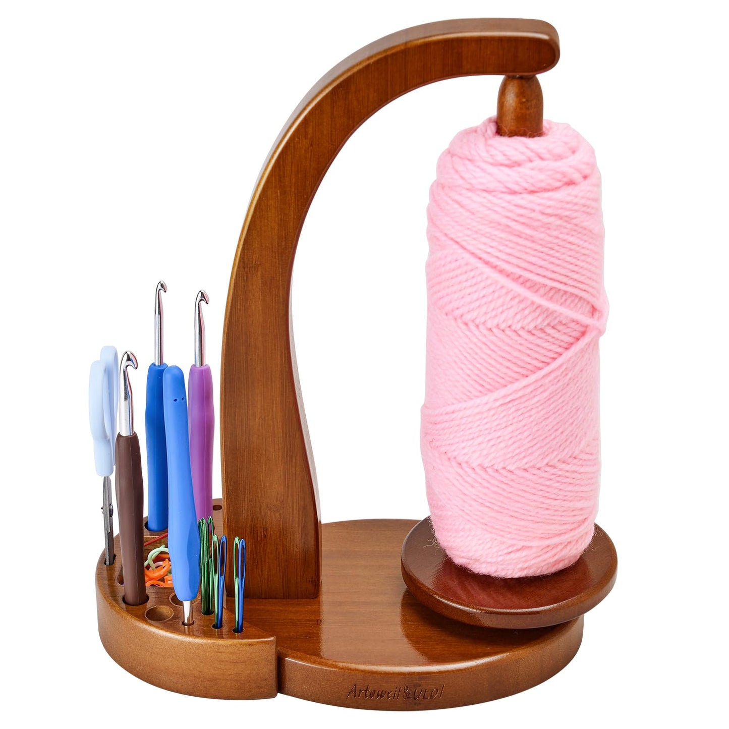 ULOI Crochet Yarn Holder - Upgrade with Crochet Accessories Storage Attachment, Magnetic Wooden Yarn Storage for Knitting Accessories, Perfect for Crocheting and Knitting Projects, Walnut Finish