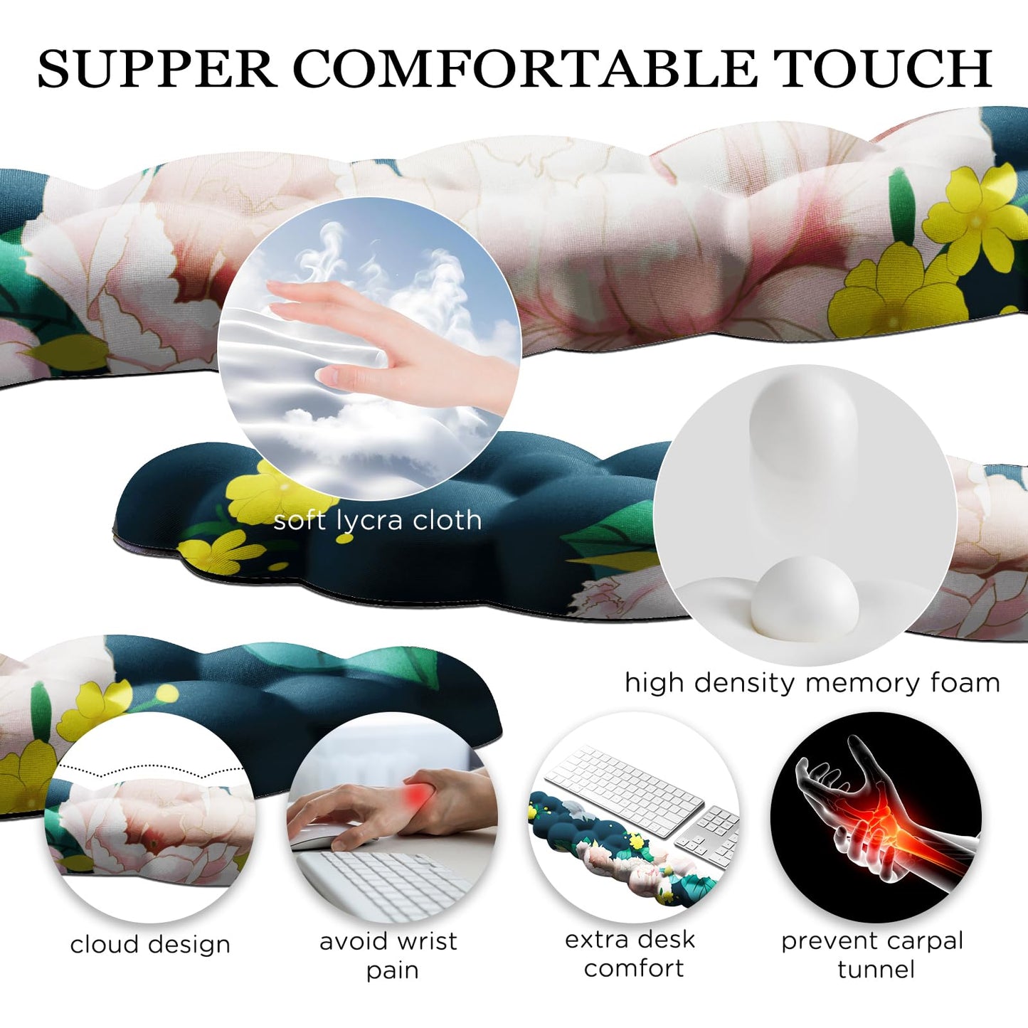 JIKIOU Cloud Wrist Rest Keyboard, Cloud Keyboard Wrist Pad Set with Comfortable Cloth, Cute Arm Rest for Palm Support, PC/Gaming Desk Accessories/Office Setup/Computer Hand Cushion Peony