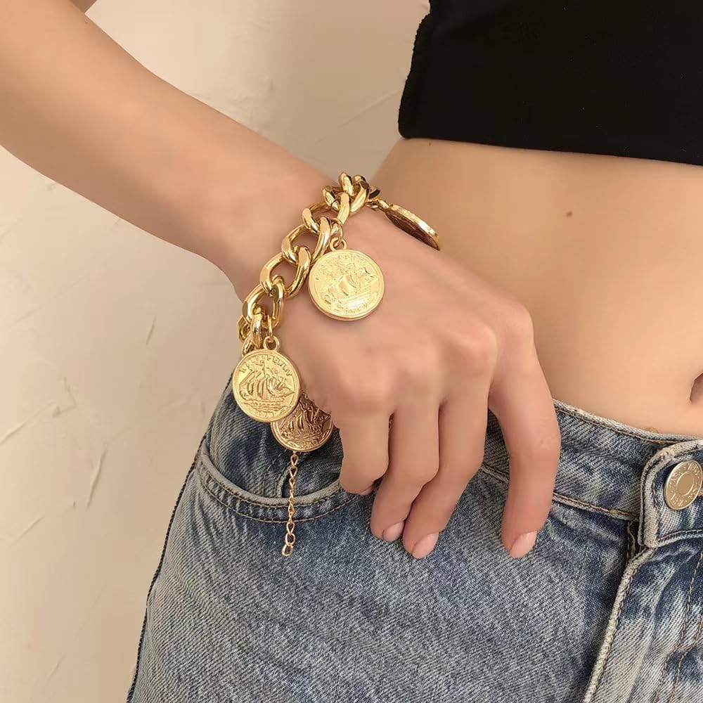 YUEKISEN Chunky Chain Dangle Bracelet Punk Cuban Curb Link Chain Bangle Vintage Gold Moroccan Coin Statement Jewelry for Women