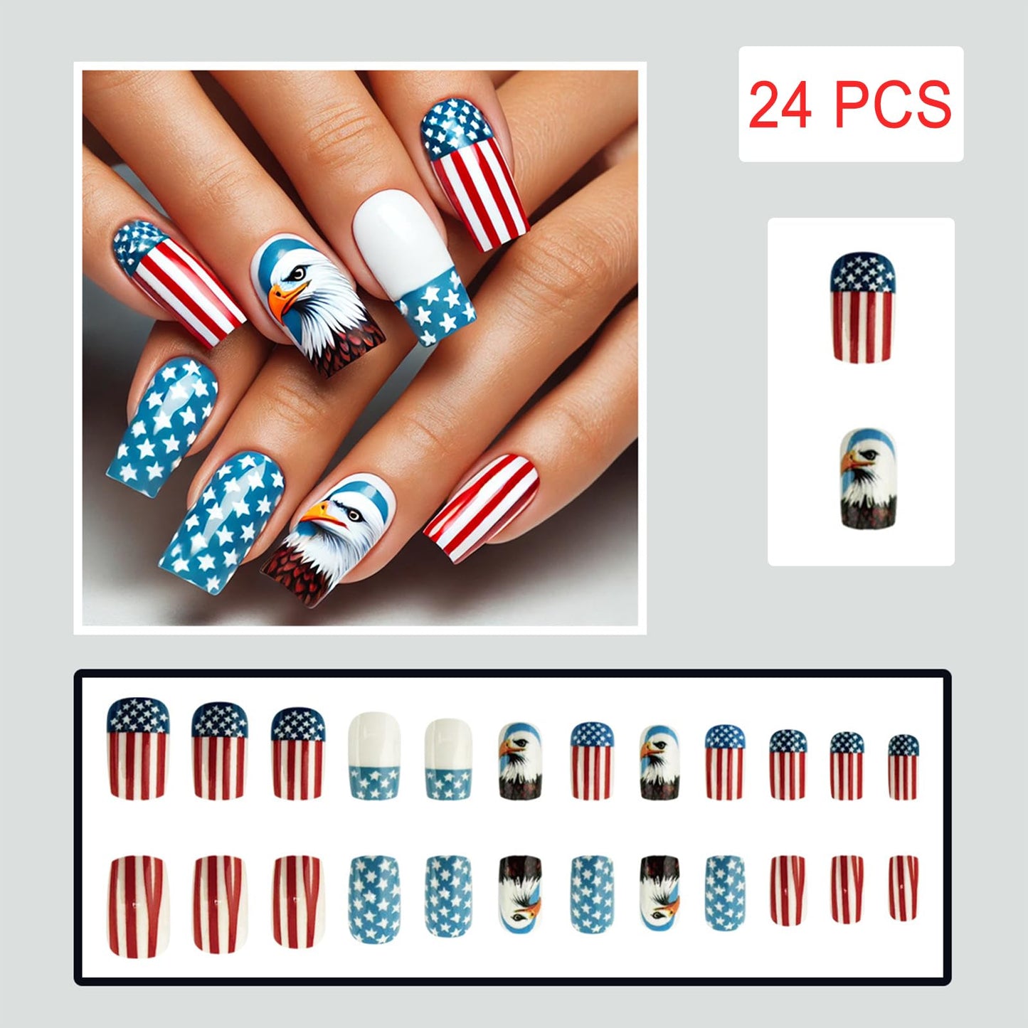 24Pcs Independence Day Fireworks Press on Nails Medium Square 4th of July Stripes Fake Nails Gradient Stars design False Nails Full Cover Stick on Nails Memorial Day for Women Manicure Decoration