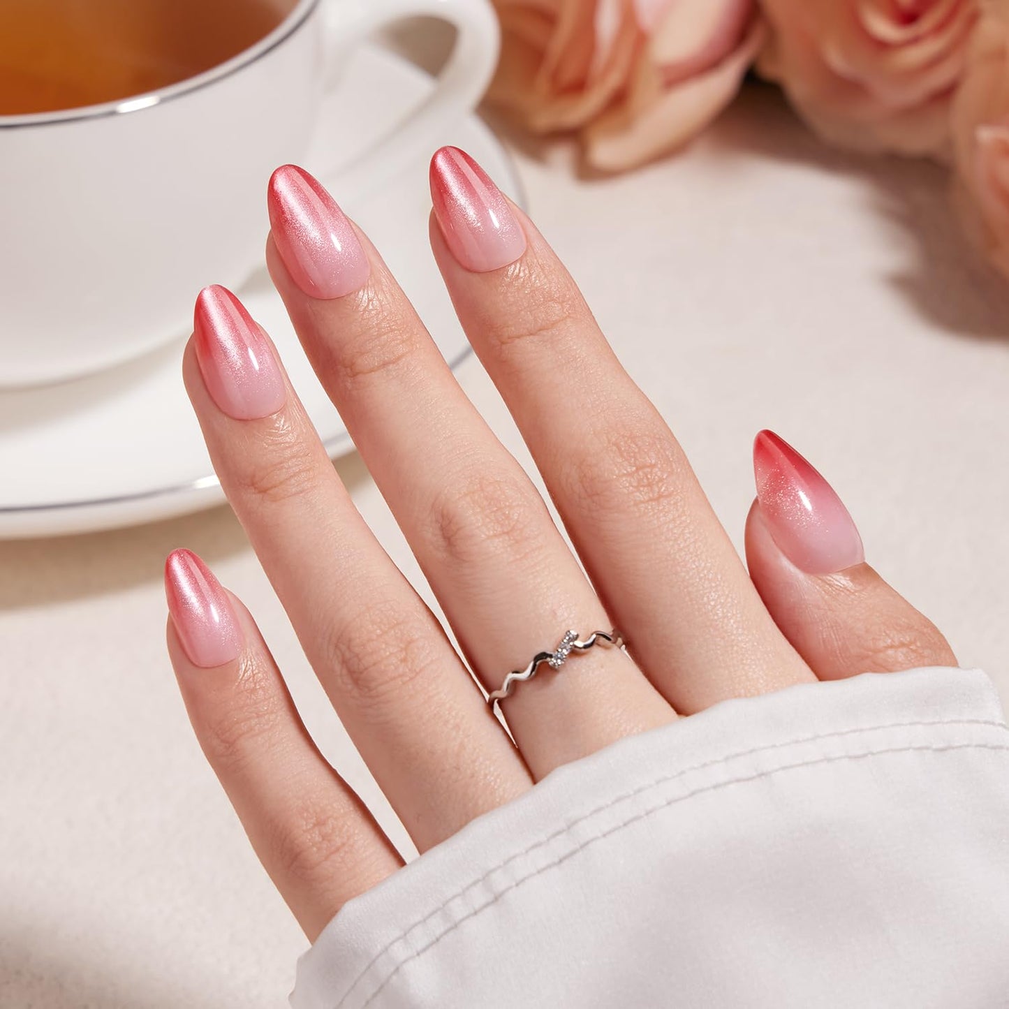 VSALON Press On Nails Short Almond, Pink Cat Eye Ombre Fake Nails Kit & Lamp