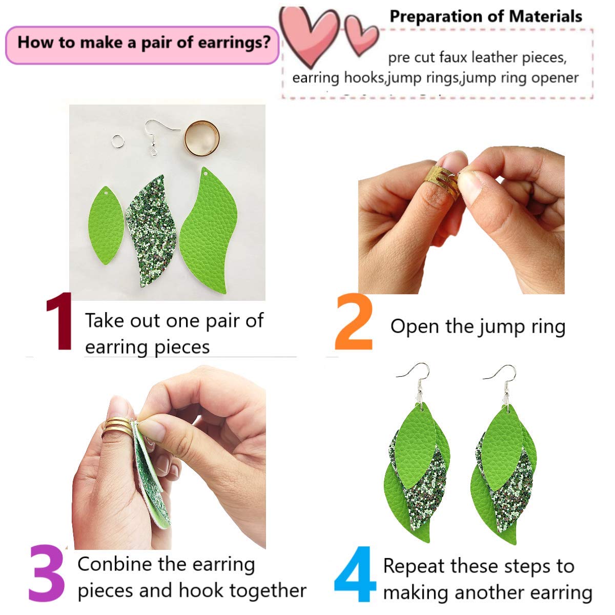 AOUXSEEM 181 Pcs Leaf Faux Leather Earrings Making Kit for Beginner, Contains 60 Pre Cut Lightweight Glitter Printed Synthetic Fabric Pieces and Hypoallergenic Hooks Jump Rings (Solid A)
