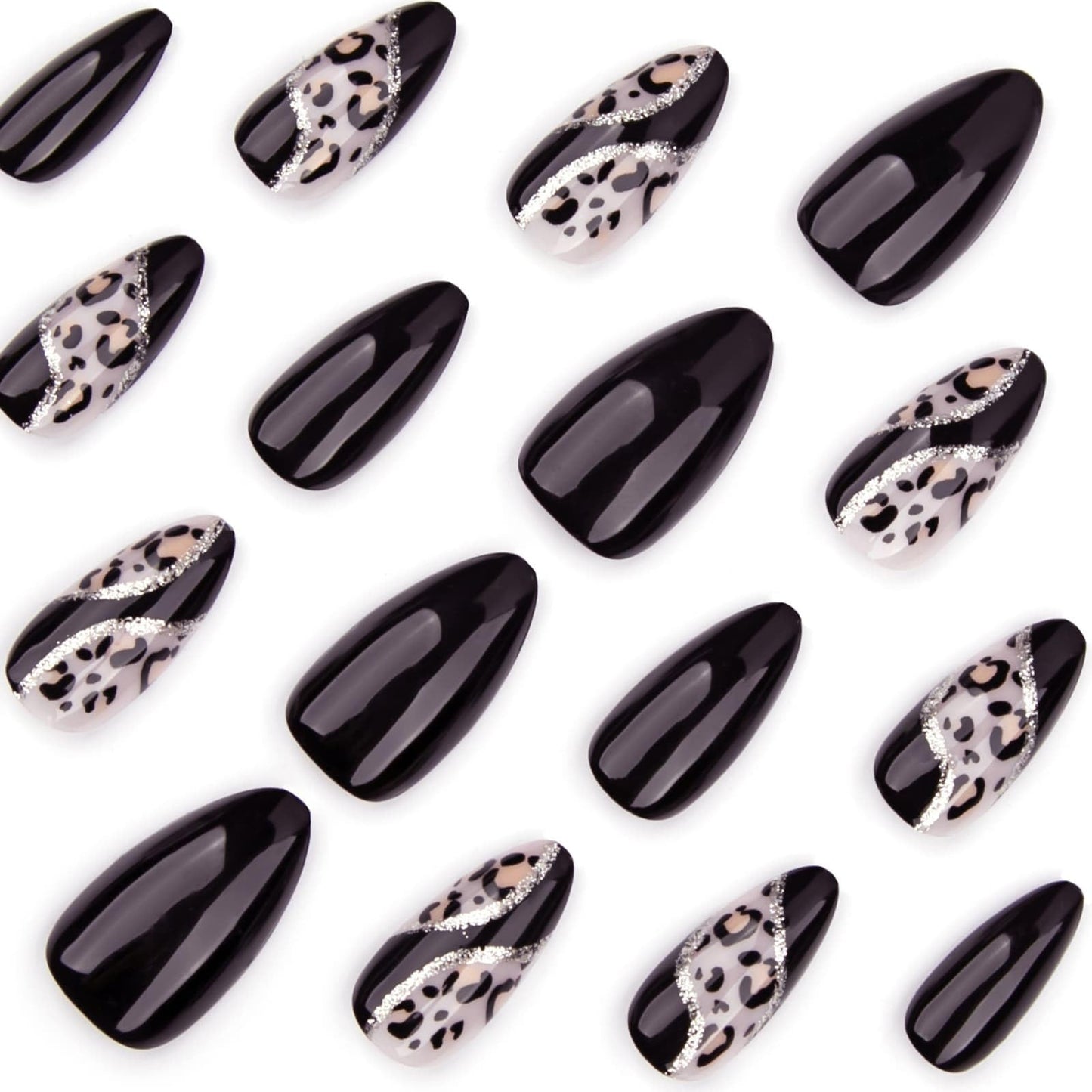 Medium Almond Press on Nails Black Fake Nails with Glitter Lines Leopard Designs Full Cover Glue on Nails Reusable Artificial Stick on Nails for Women 24 Pcs