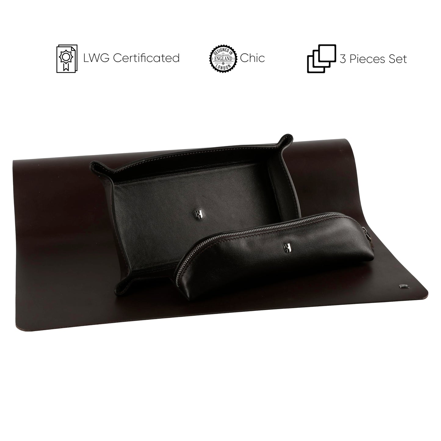 HELMBROOK London 3-Pc Premium Full-Grain Leather Desk Organizer Set | Mat, Pencil Case & Tray | Chic Decor Accessories | Gift for Christmas, Birthday & Anniversary, Brown