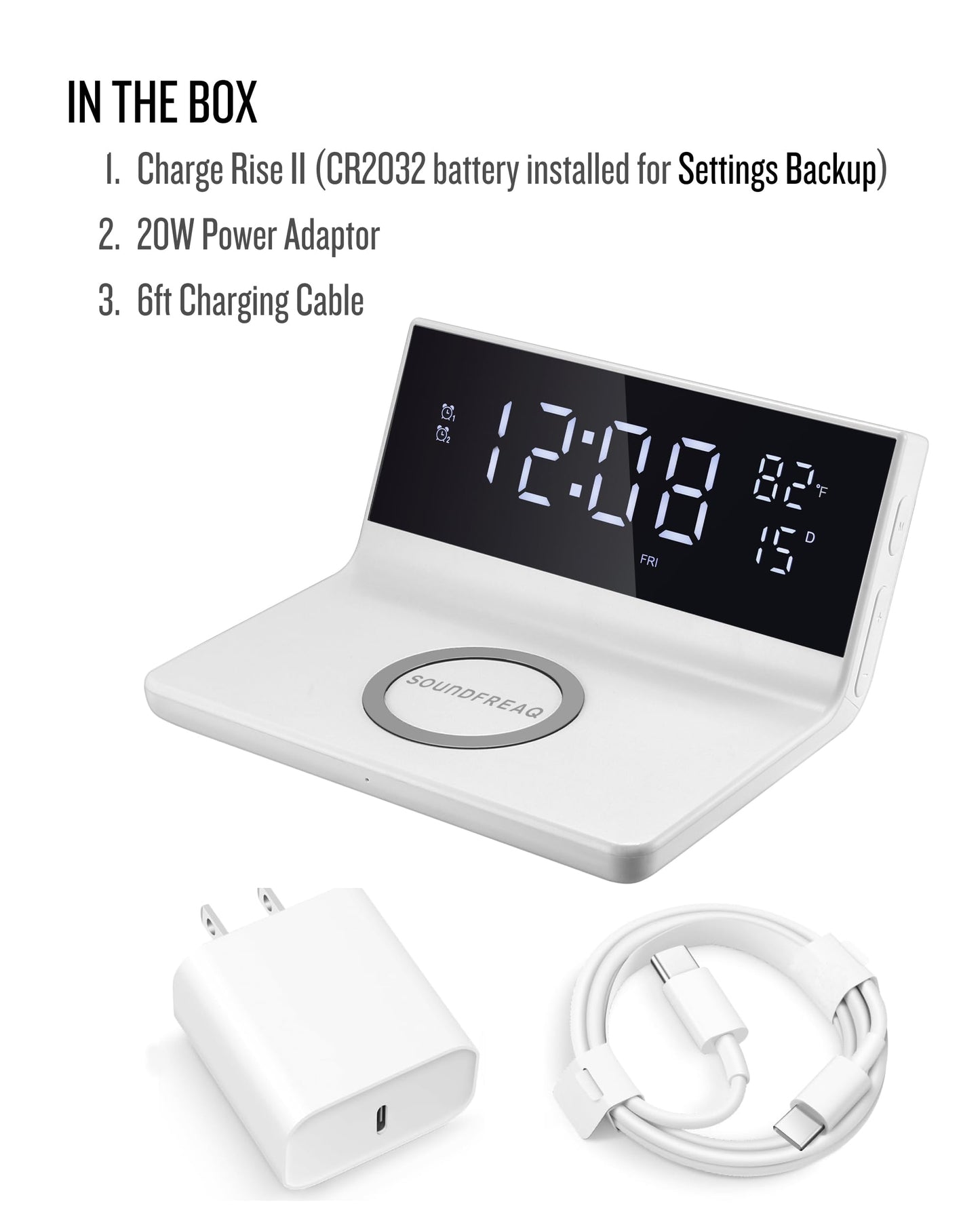 Soundfreaq Charge Rise II, SFQ-20: Digital Alarm Clock, with Dual Alarms, Fast USB Charger and Wireless Charger