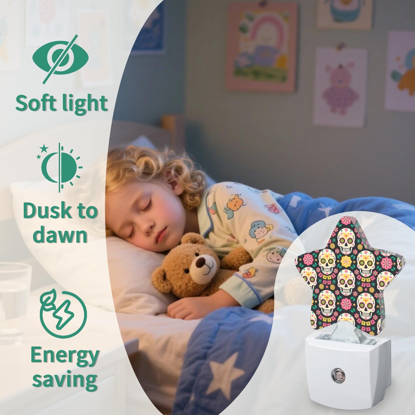 Star Night Light with Dusk to Dawn Sensor, Funny Skull Plug in Night Light for Kids Bedroom Nursery, Soft Warm Glow Lamp for Hallway Bathroom Energy Saving