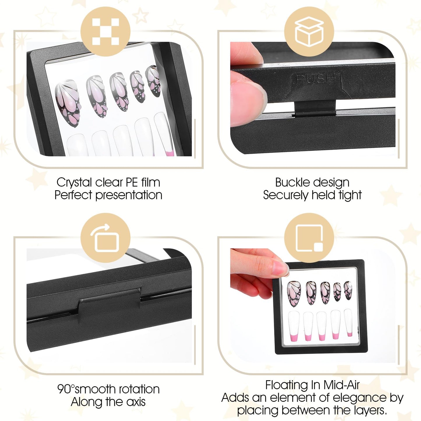 30 Pcs Press on Nail Box Packaging with Display Cards & Adhesive Tapes, Press on Boxes for Nails Packaging Storage Organizer Case for Artificial Nails Salon Business Display (Black)