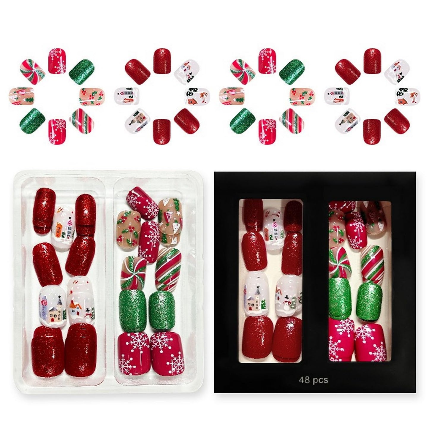 Christmas Press on Nails Kit 48 Pcs Short Square Fake Nails 2 Style Cute False Nails with Snowflake Mistletoe Glitter Designs Red Green Glossy Glue on Nail Winter Acrylic Nails for Women Girls