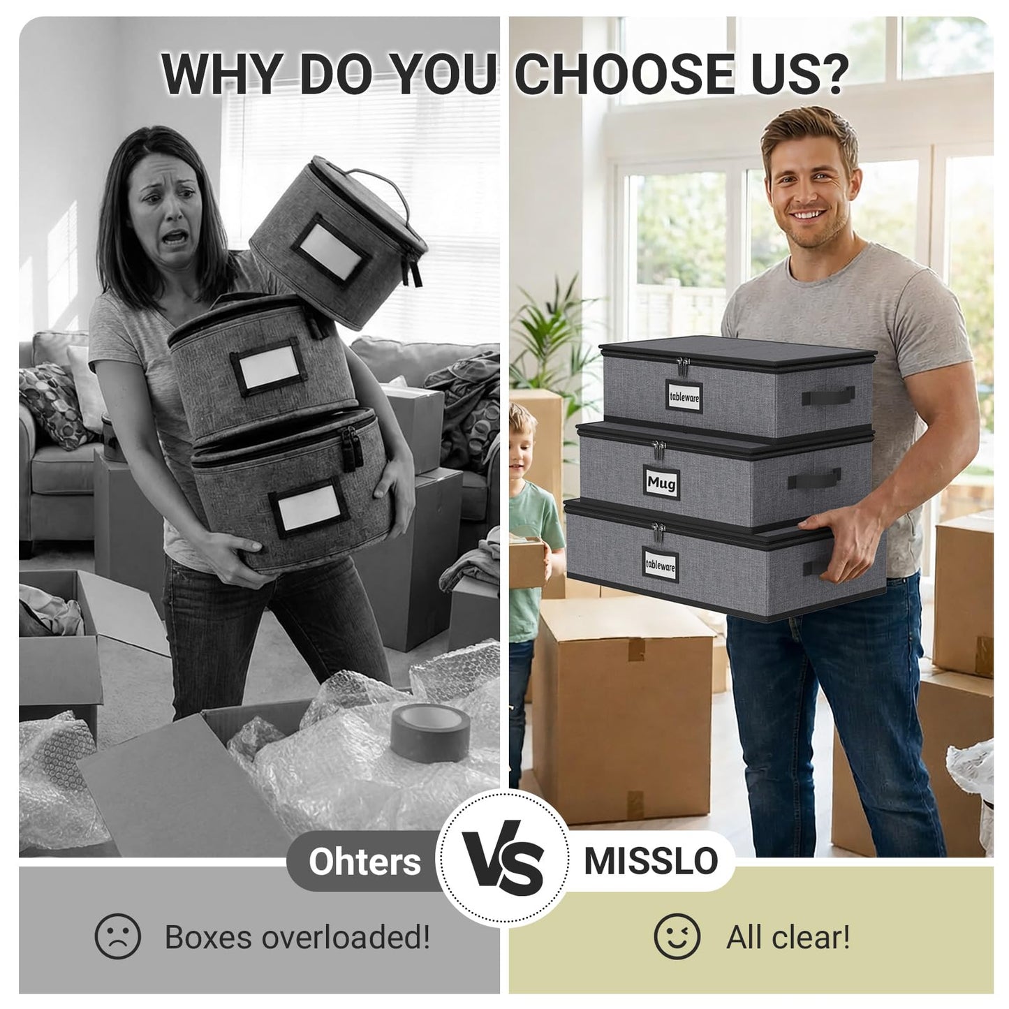MISSLO Large Capacity China Storage Containers Hard Shell Plate Storage Containers, Kitchen Packing Moving Boxes for Dishes, Dinnerwares, Mugs Protectors, Grey, 3 Piece Set