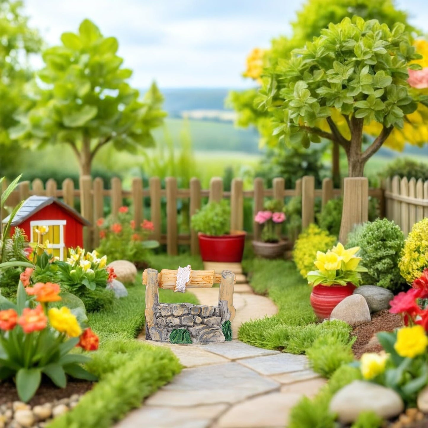 Miniature Water Well Figurine: 8Pcs Resin Fairy Garden Accessories, Tiny Water Well Micro Landscape Ornaments Kit for DIY Craft Dollhouse Decorative Accessory