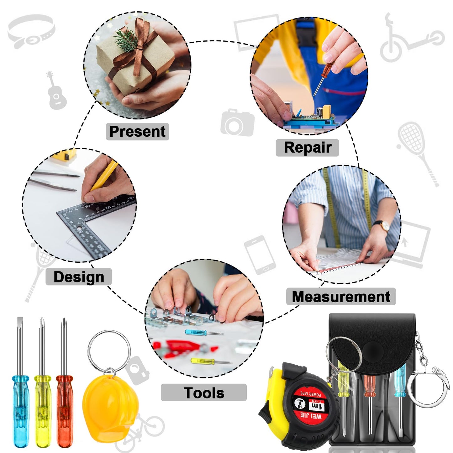 Jutom 108 Pcs Mini Construction Helmet Keychains Tape Screwdrivers Tool Adult Men Gifts Bulk for Easter Egg Stuffers Father's Day Construction Party Favors Gifts